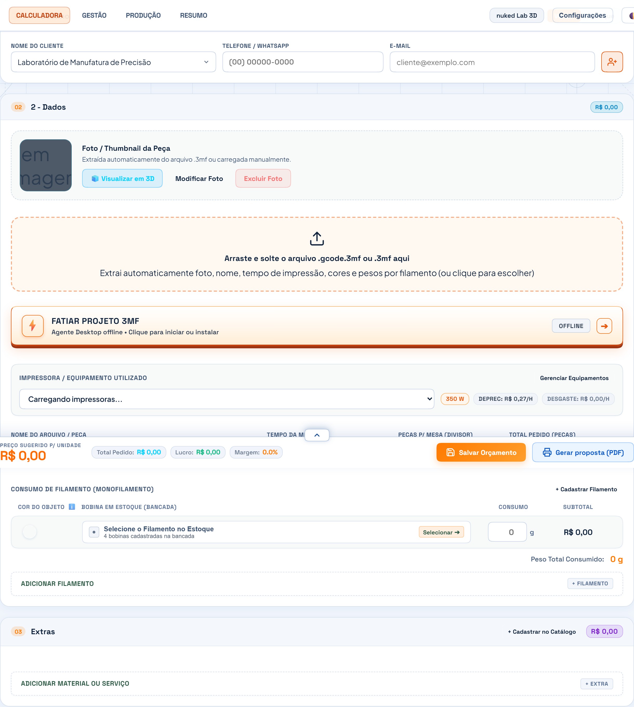 Interface de carregamento de arquivo 3MF e motor de fatiamento