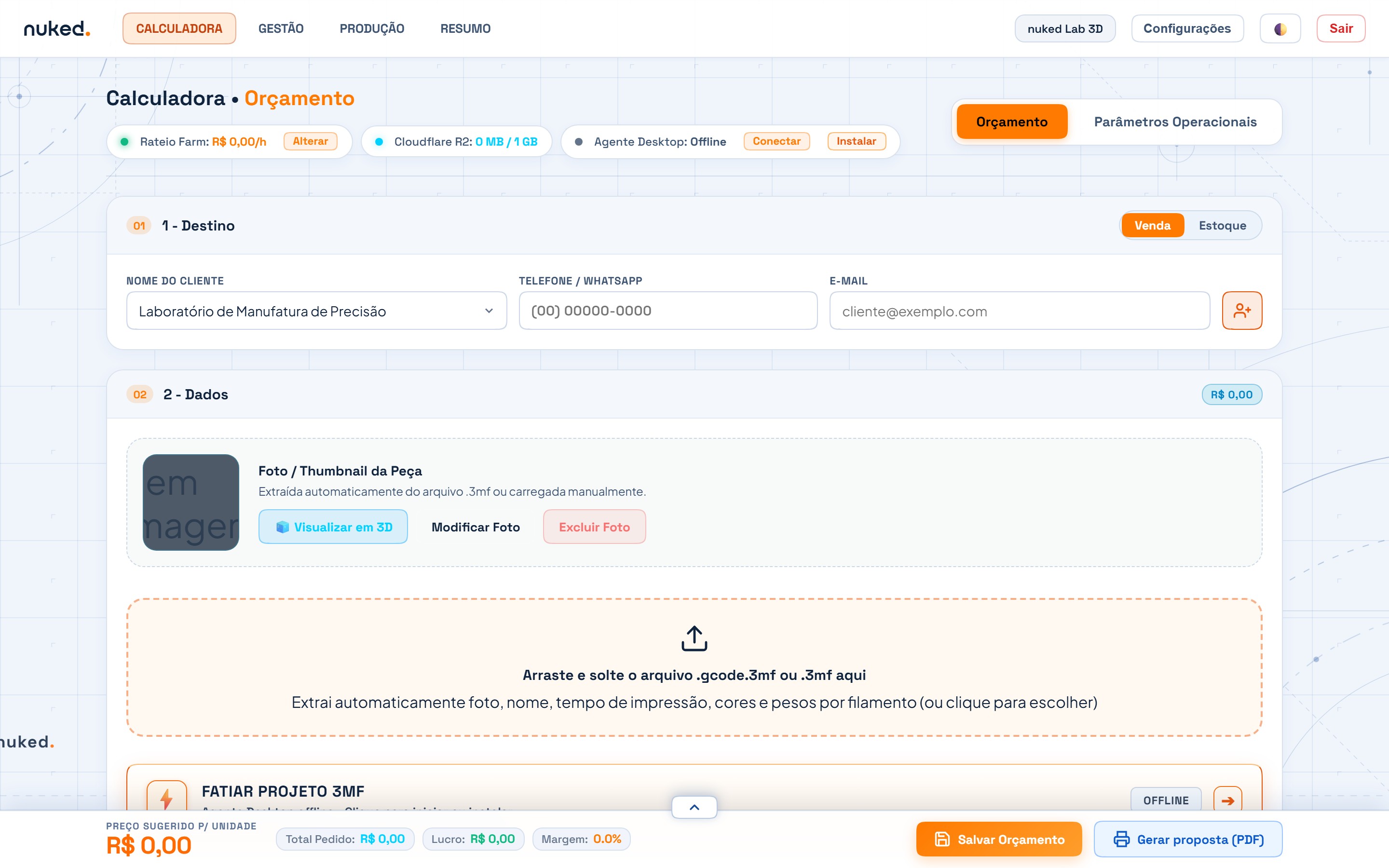Tela real da Calculadora de Orçamentos nuked ERP com arquivo 3MF fatiado